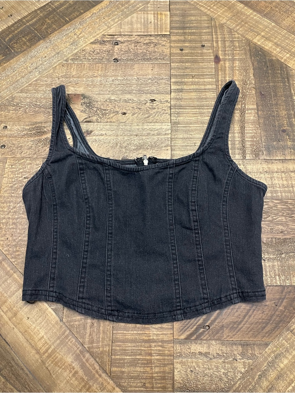 Flying Tomato Black Denim Corset Crop Top Zip-Front Size M